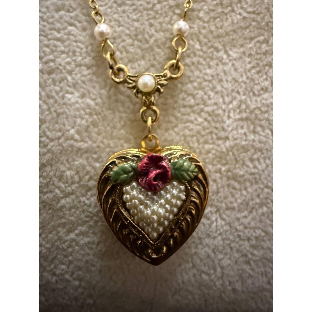 1928 Jewelry Gold Tone Heart Locket Necklace Faux Pearl Rose Floral Vintage